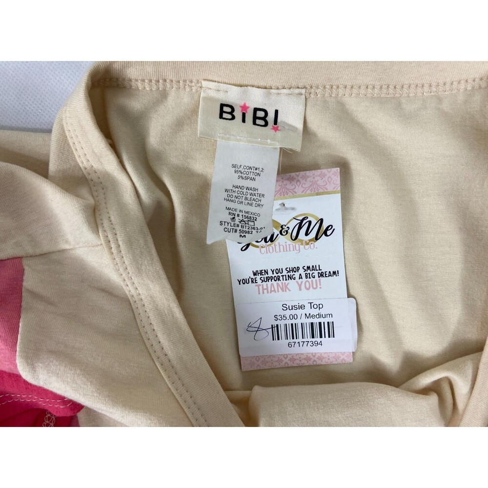 BiBi Women Medium Pink Tan Top Wide Stripe Long Sleeve Casual NWT - Picture 6 of 8